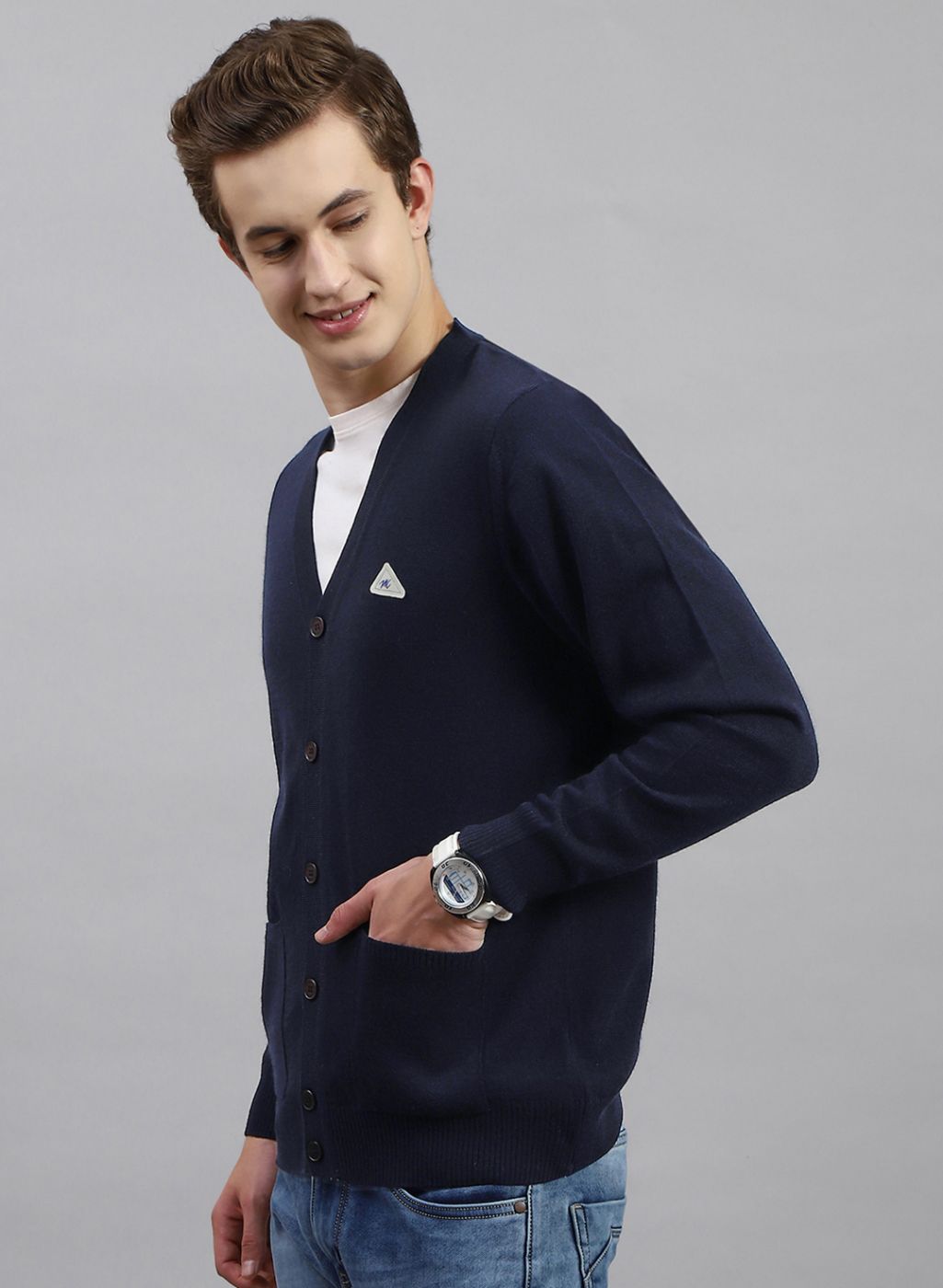 Men NAvy Blue Solid Wool blend Cardigan