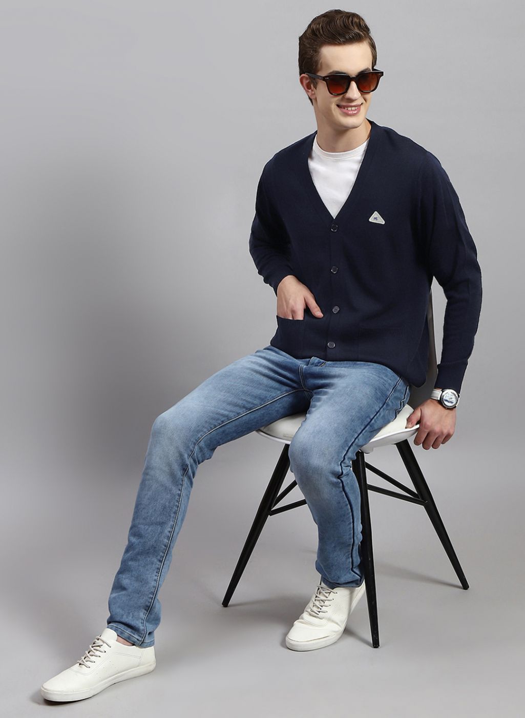 Men NAvy Blue Solid Wool blend Cardigan