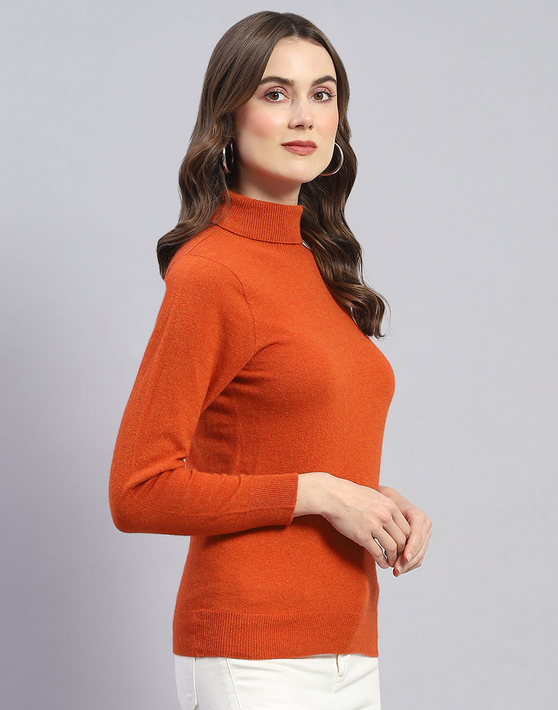 Women Rust Solid H Neck Full Sleeve Sweater
