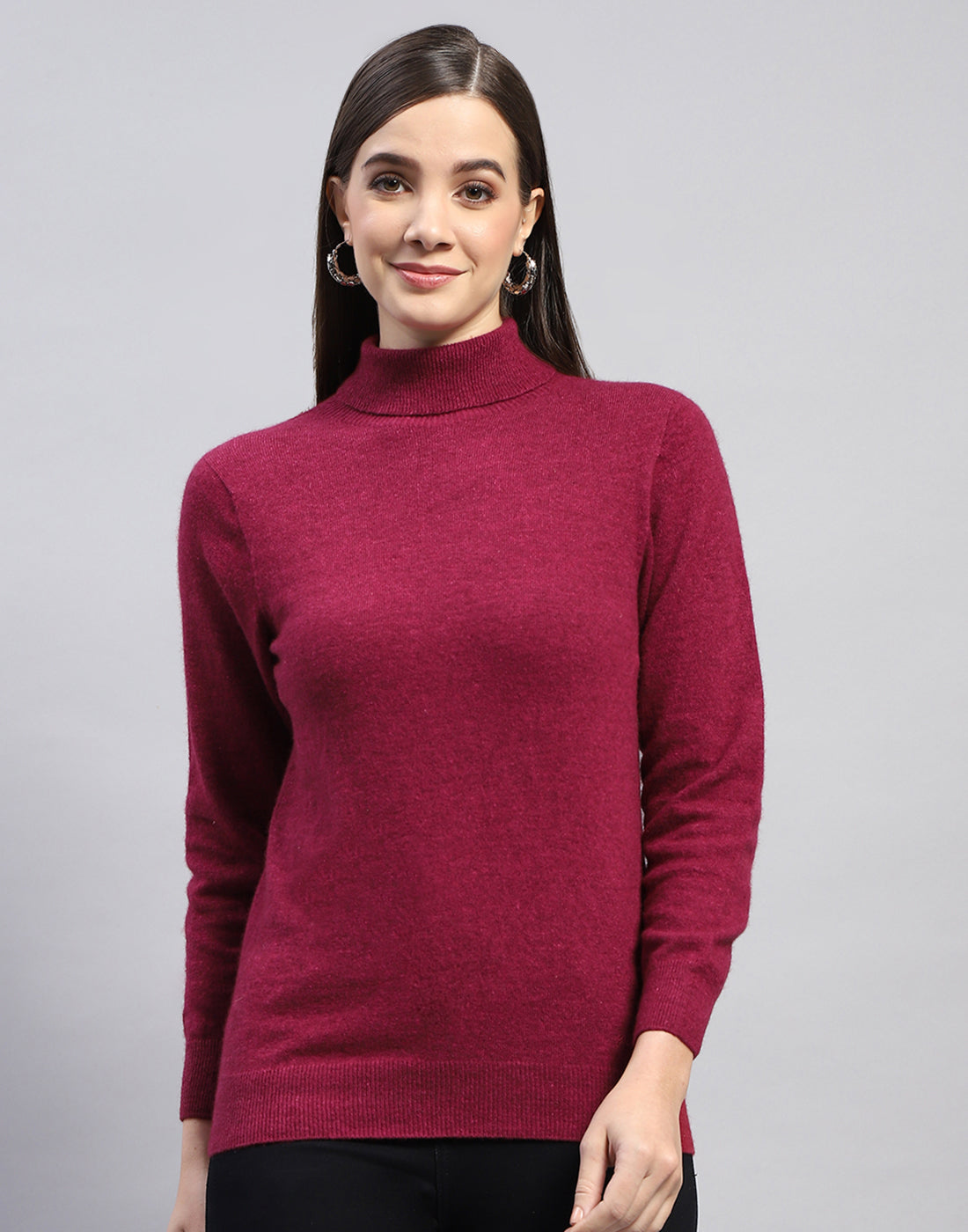 Women Maroon Solid High Neck Full Sleeve Top