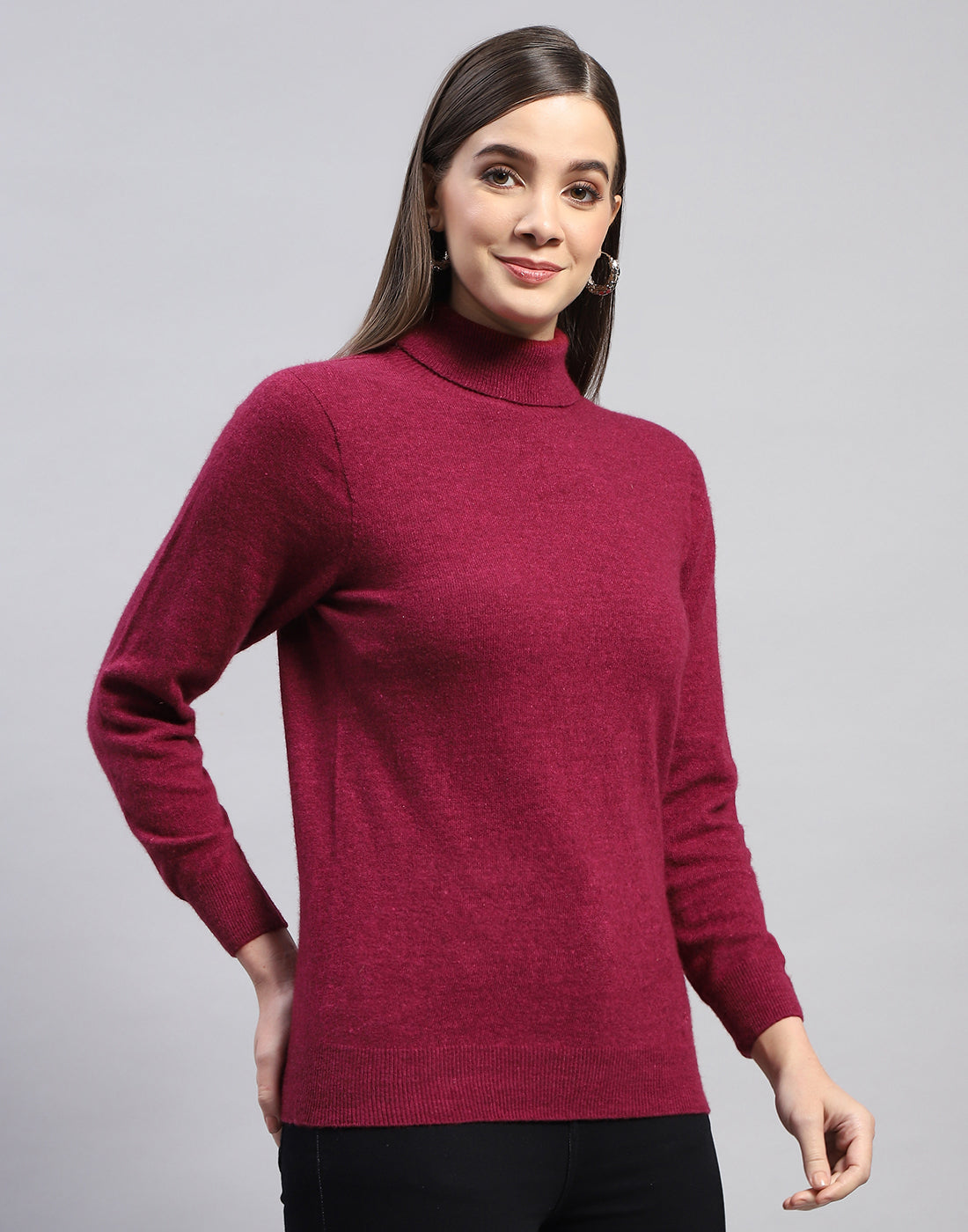 Women Maroon Solid High Neck Full Sleeve Top
