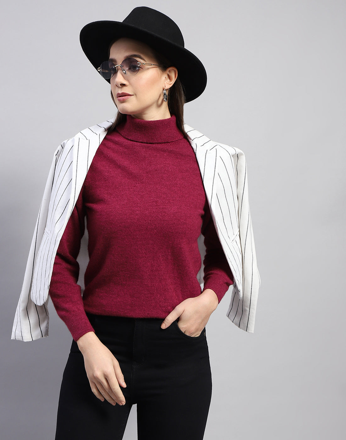 Women Maroon Solid High Neck Full Sleeve Top