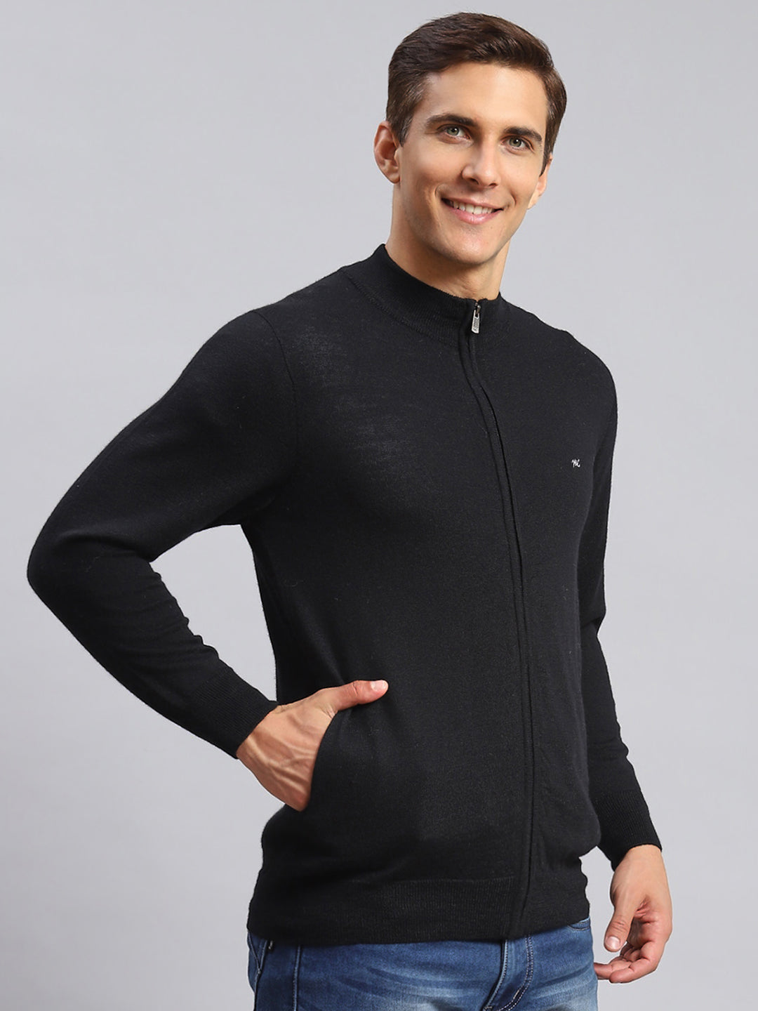 Men Black Solid Pure wool Pullover