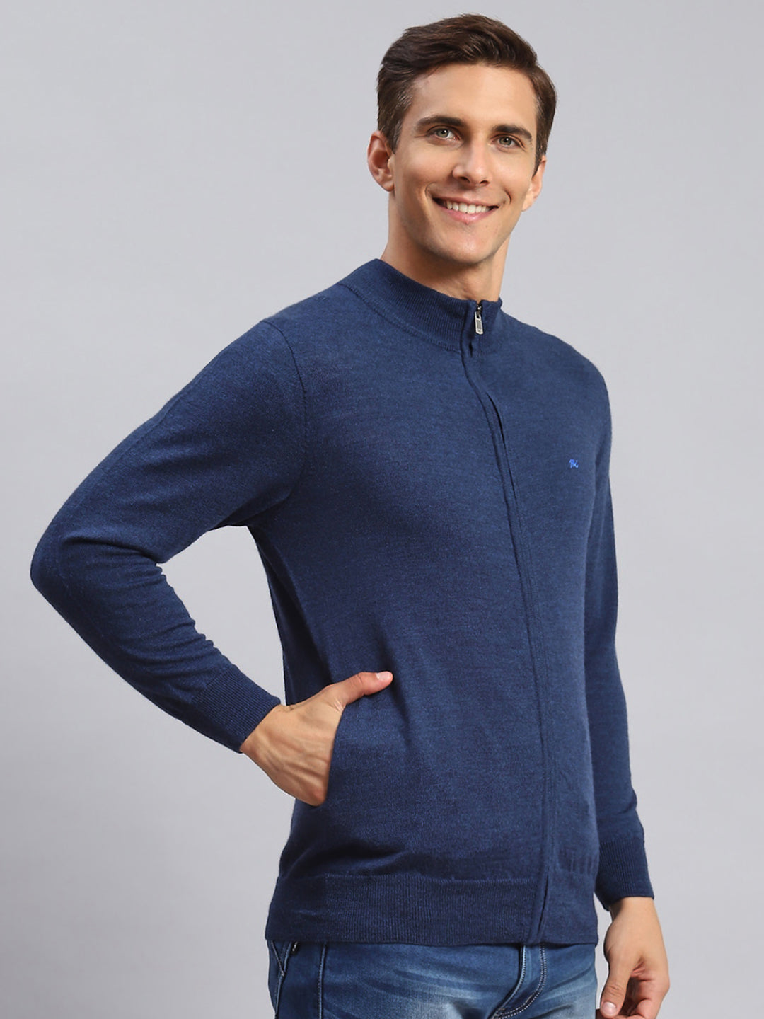 Men Navy Blue Solid Pure wool Pullover