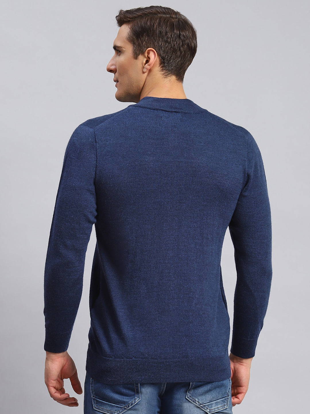 Men Navy Blue Solid Pure wool Pullover