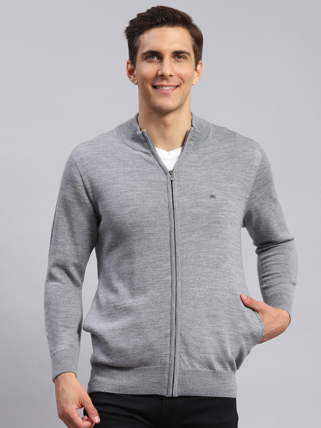Men Grey Solid Pure wool Pullover