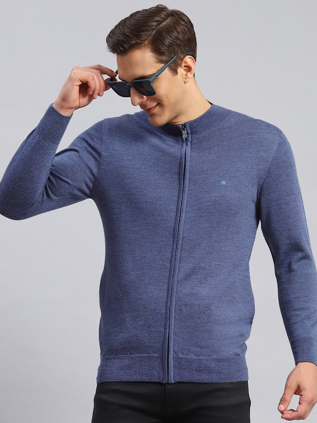 Men Blue Solid Pure wool Pullover