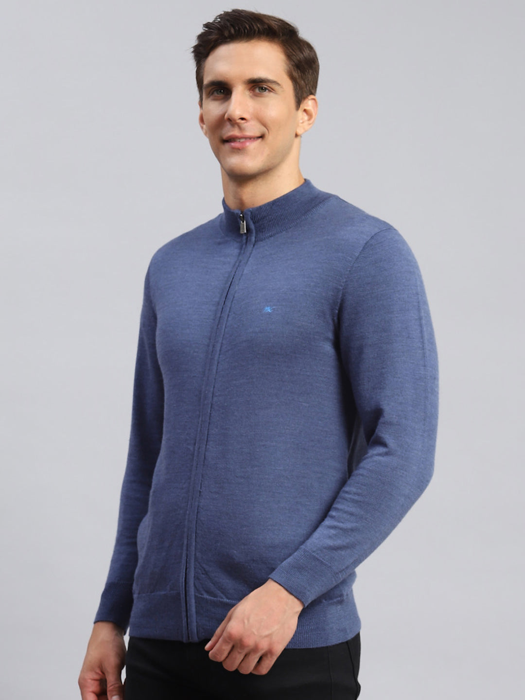Men Blue Solid Pure wool Pullover
