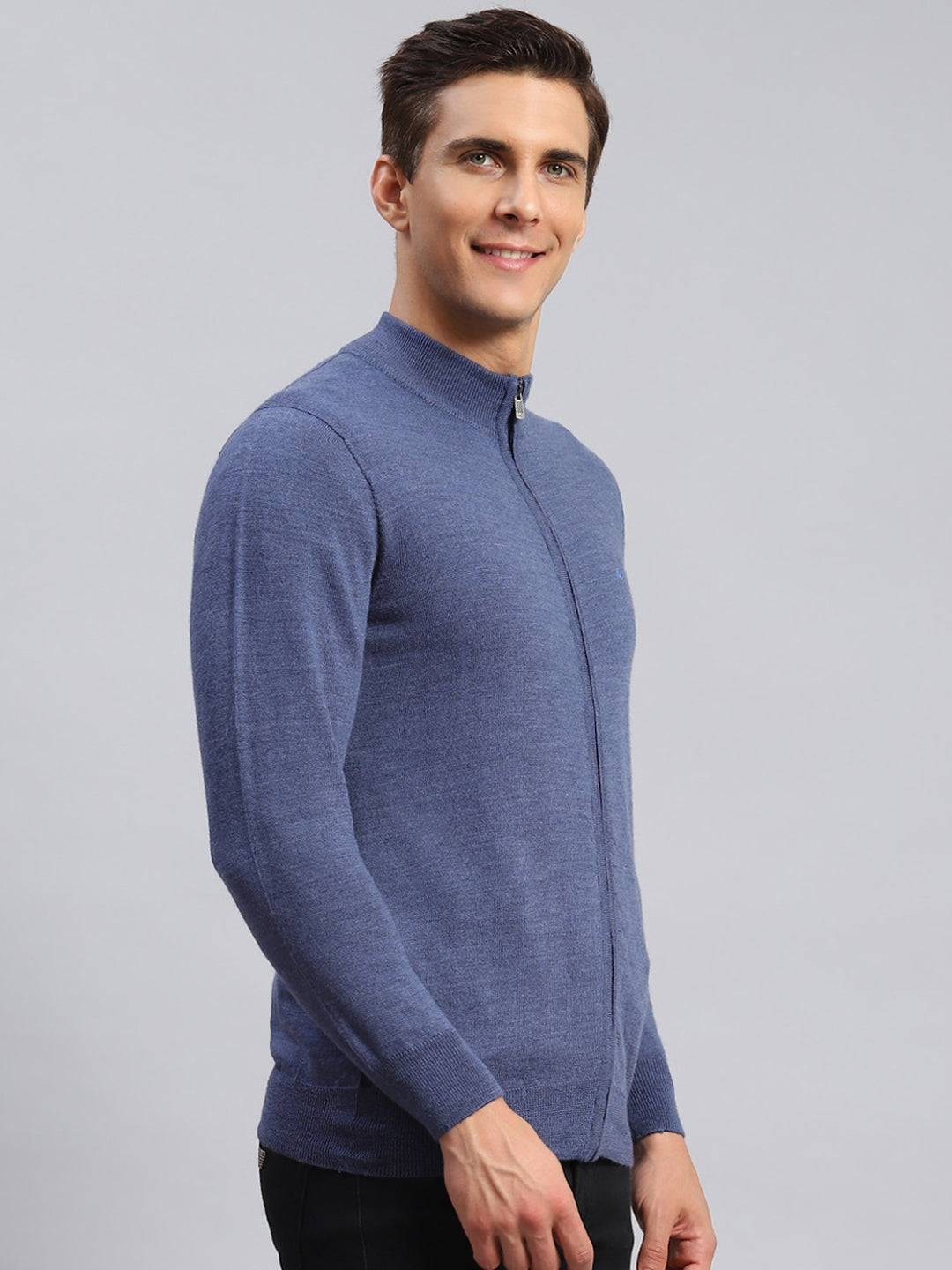 Men Blue Solid Pure wool Pullover