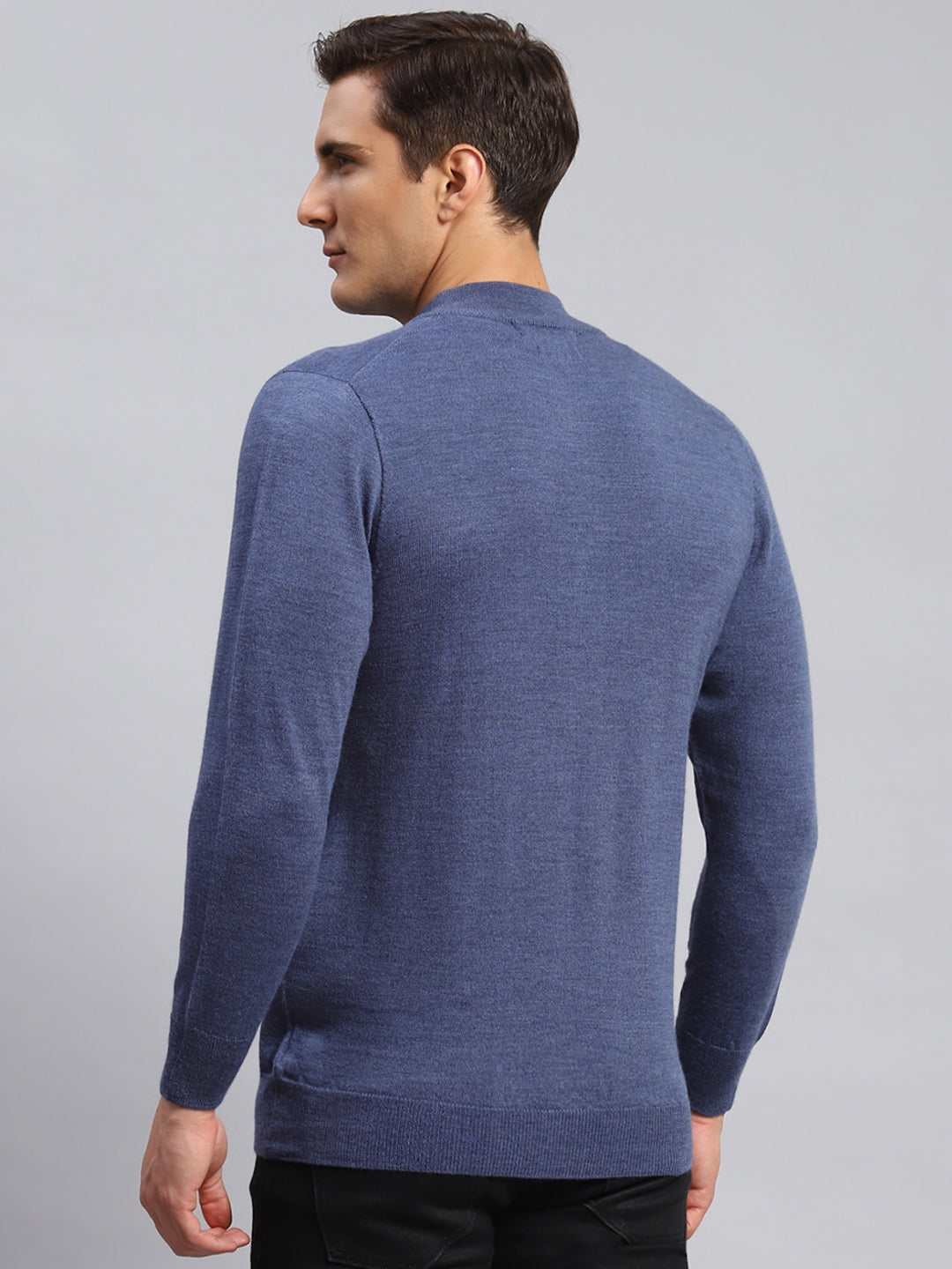 Men Blue Solid Pure wool Pullover