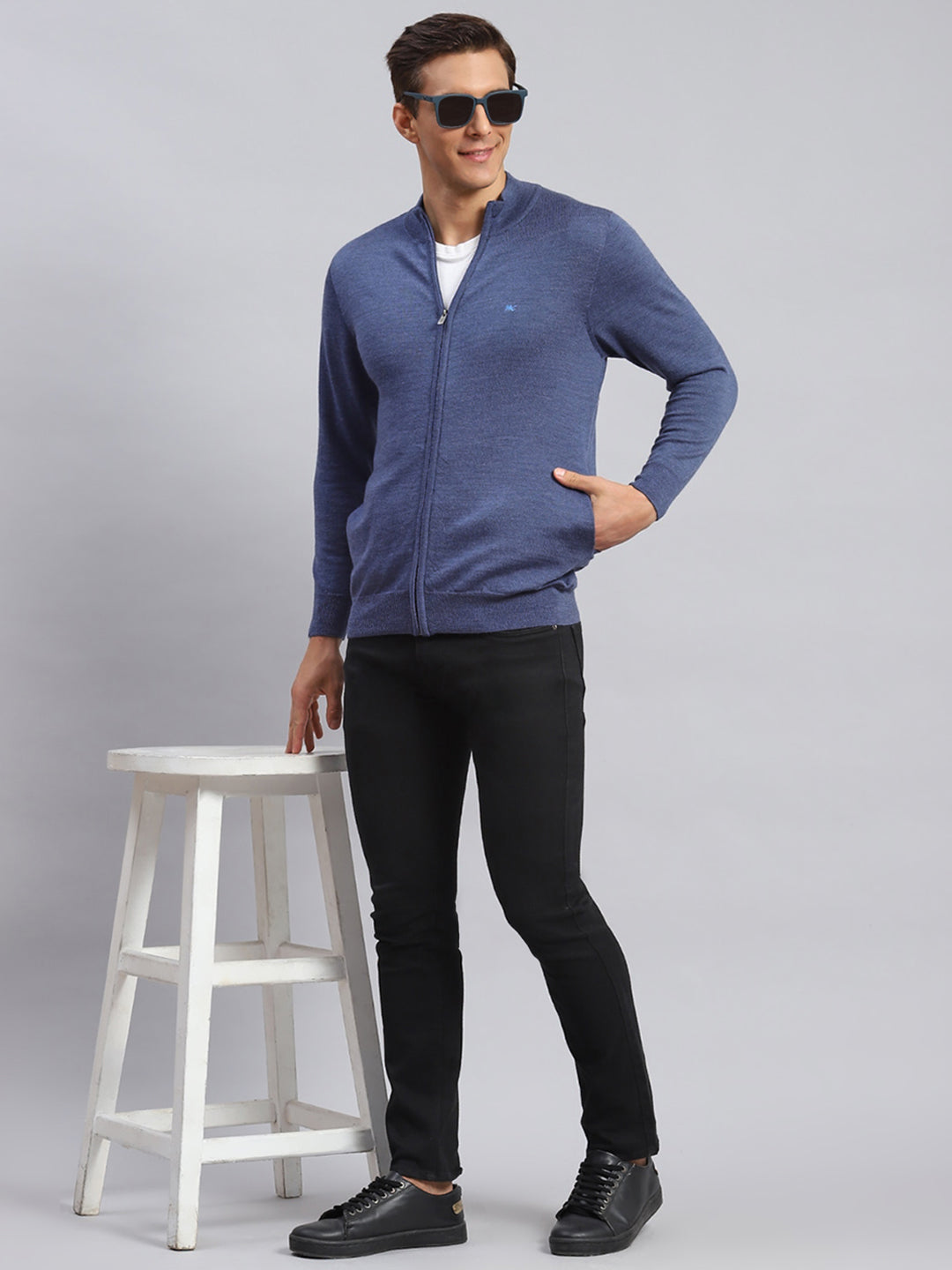 Men Blue Solid Pure wool Pullover