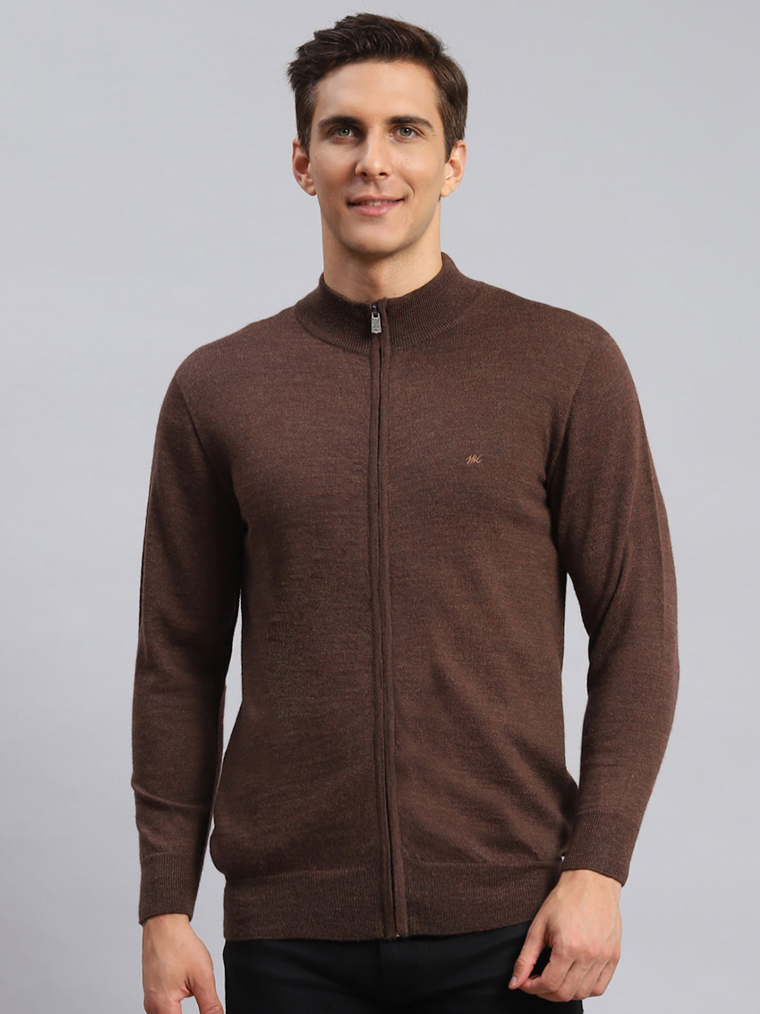 Men Brown Solid Pure wool Pullover
