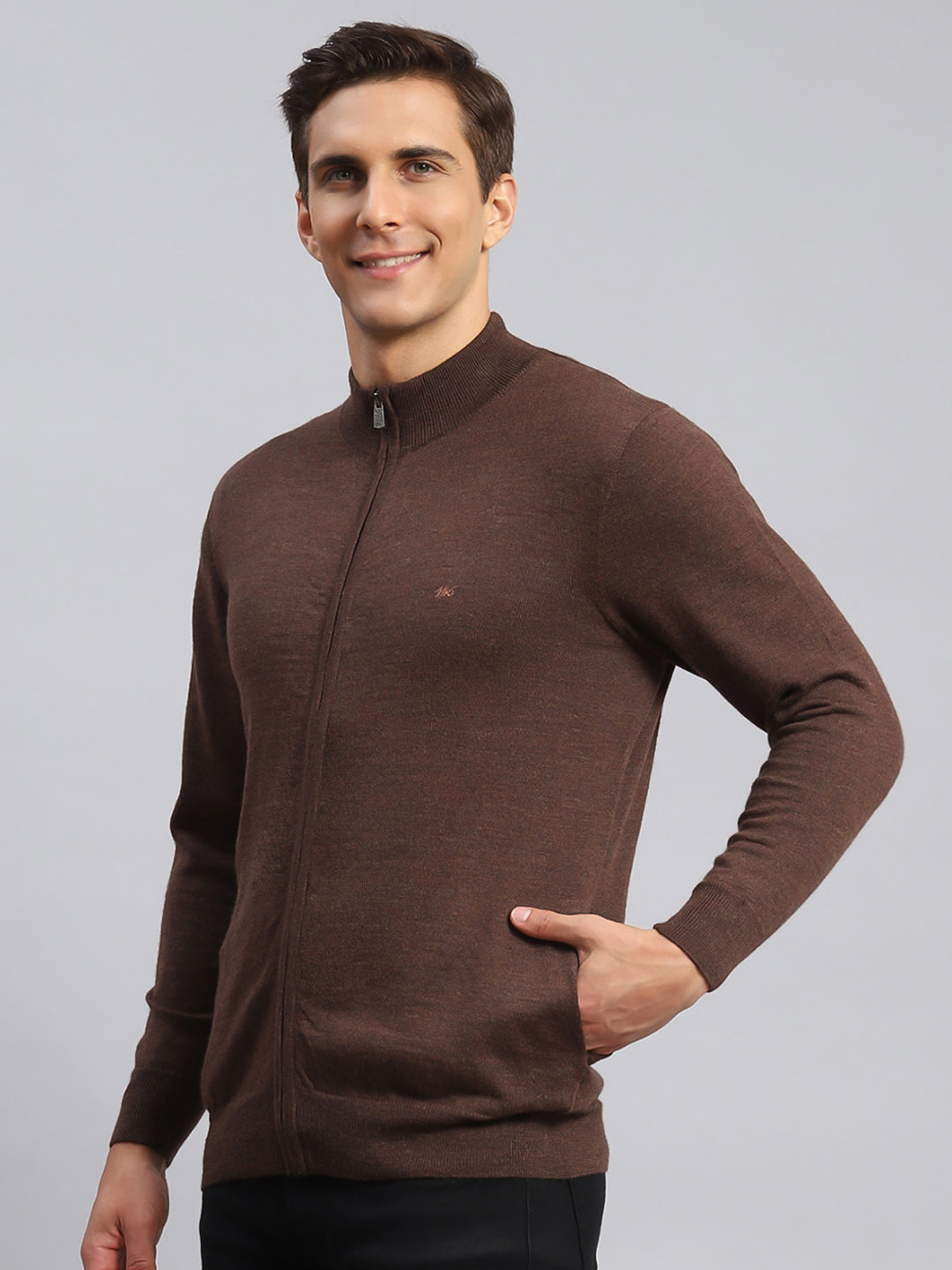 Men Brown Solid Pure wool Pullover