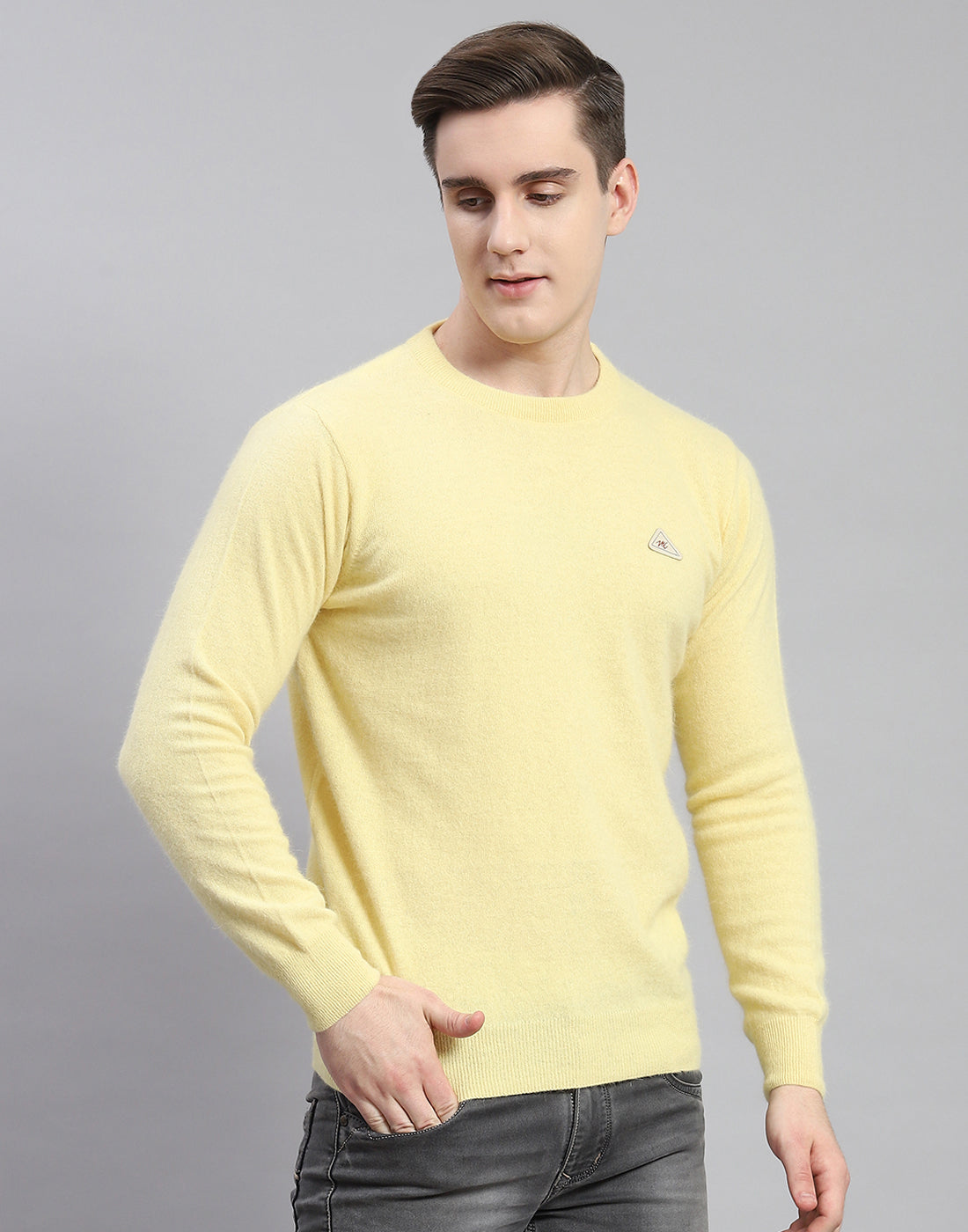 Men Yellow Solid Round Neck Full Sleeve Pullover