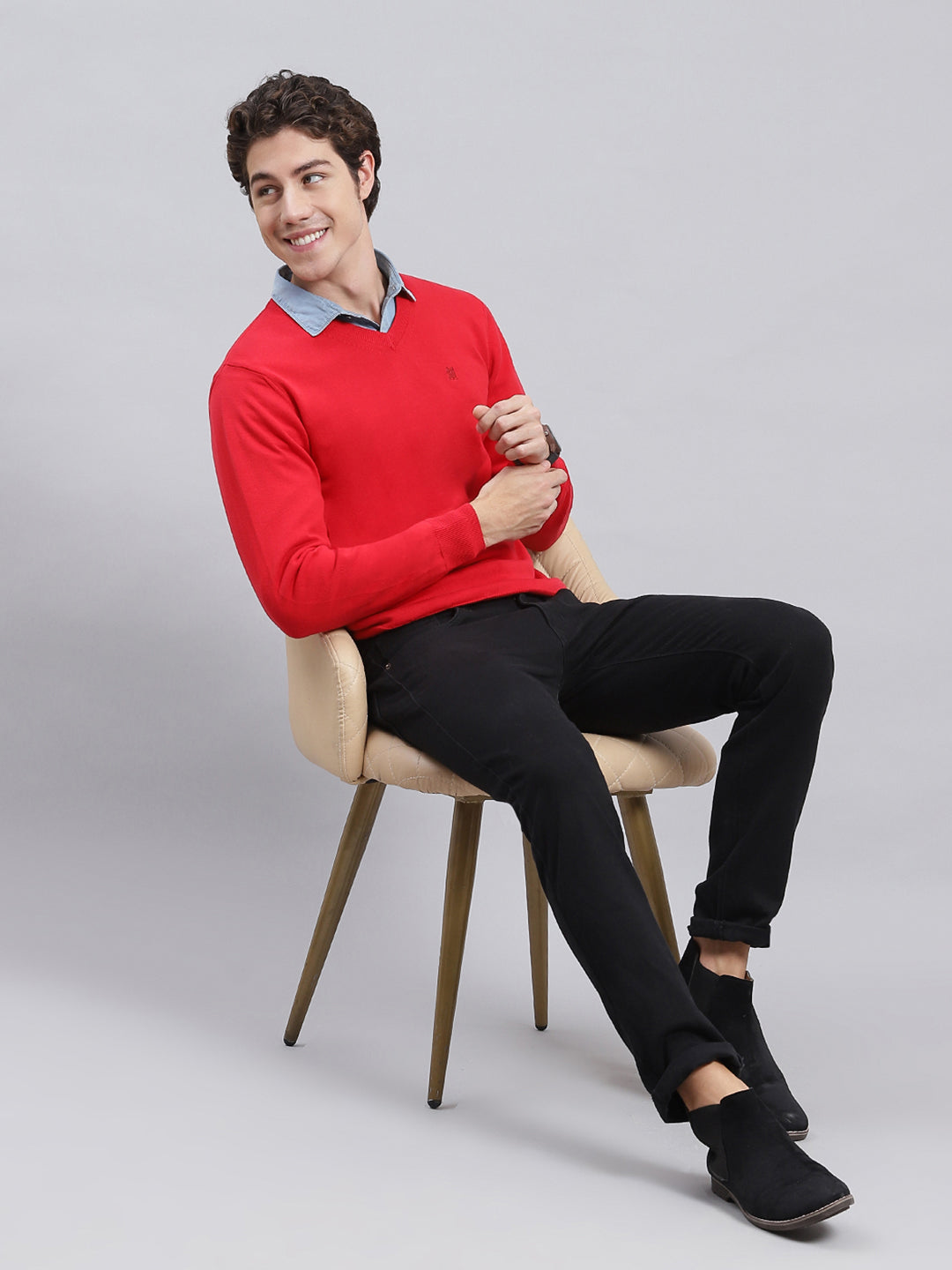 Men Red Solid Cotton Pullover