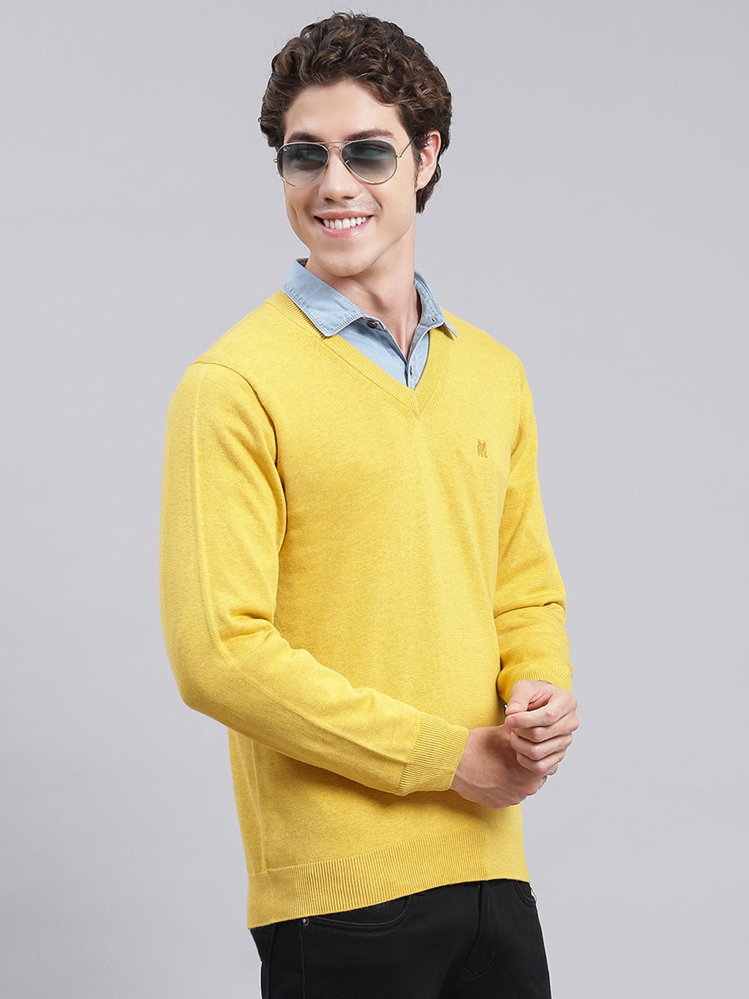 Men Yellow Solid Cotton Pullover