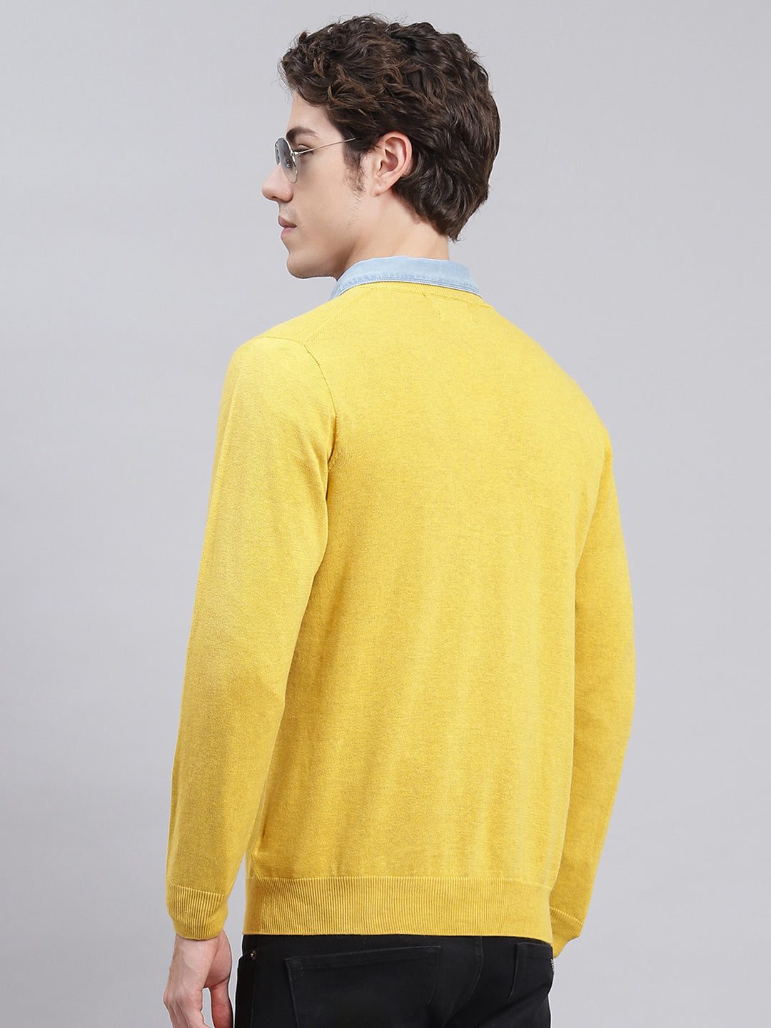 Men Yellow Solid Cotton Pullover