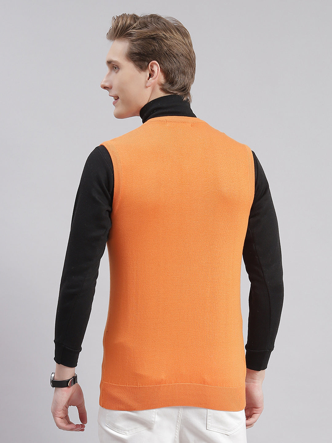 Men Orange Solid V Neck Sleeveless Sweaters/Pullovers