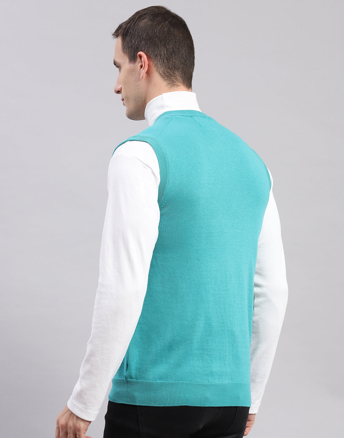 Men Turquoise Blue Solid V Neck Sleeveless Sweaters/Pullovers