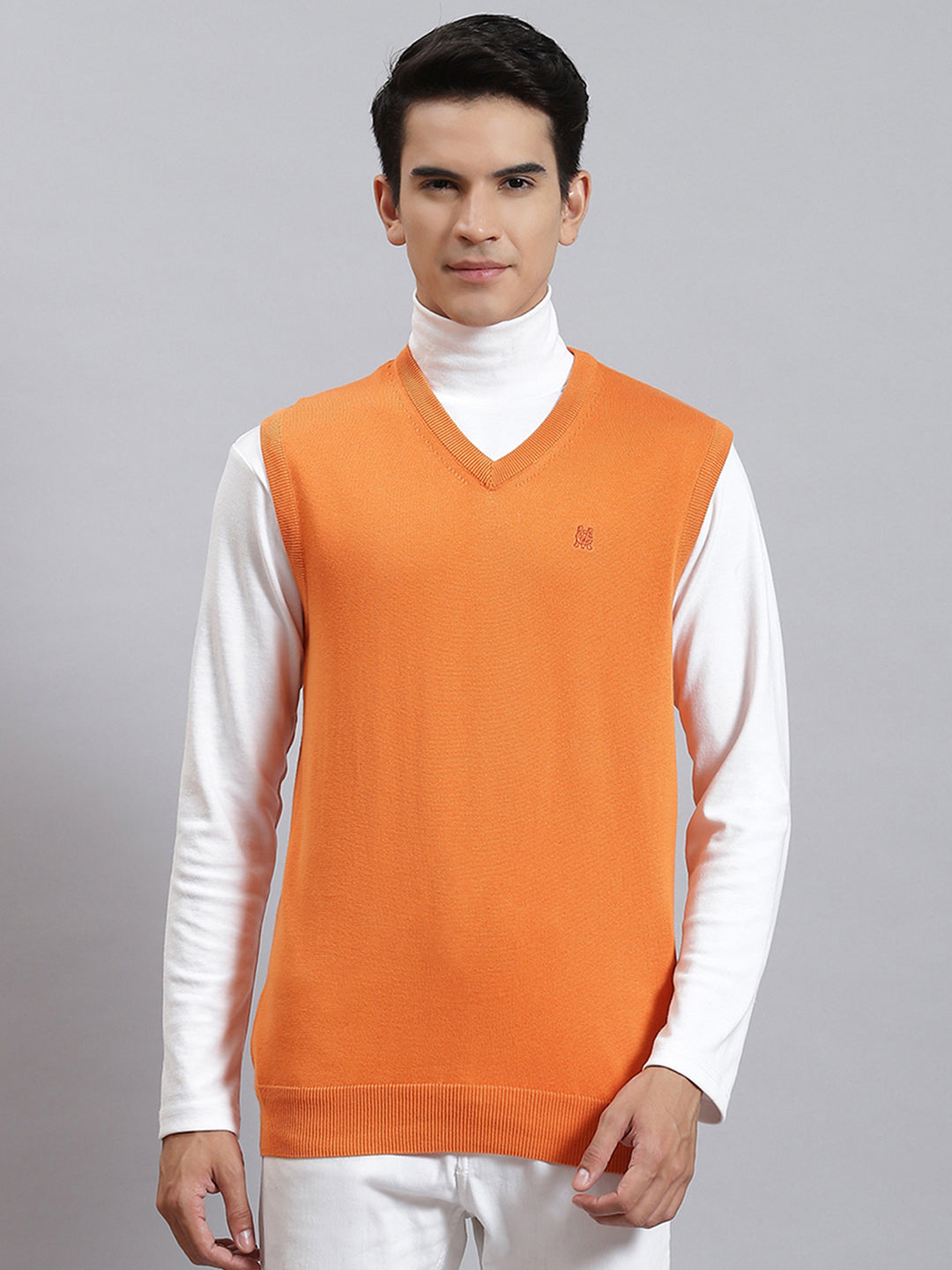 Men Orange Solid V Neck Sleeveless Sweaters/Pullovers