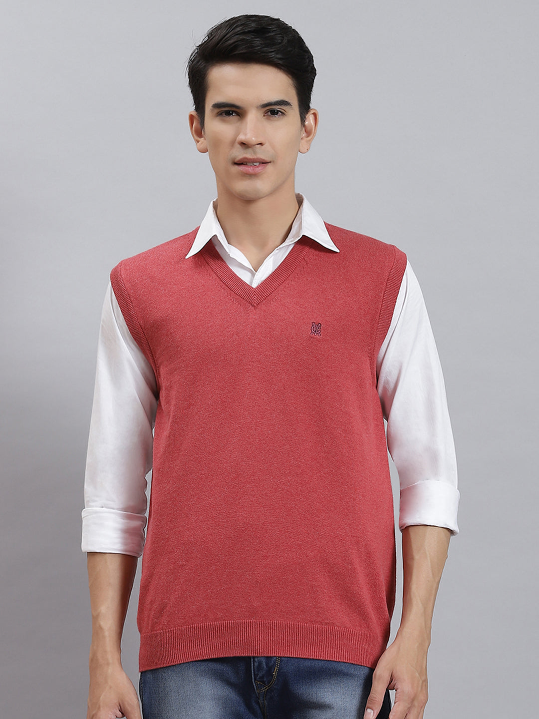 Men Pink Solid V Neck Sleeveless Sweaters/Pullovers
