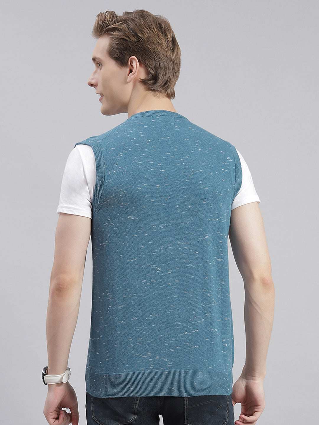 Men Teal Blue Solid V Neck Sleeveless Sweaters/Pullovers