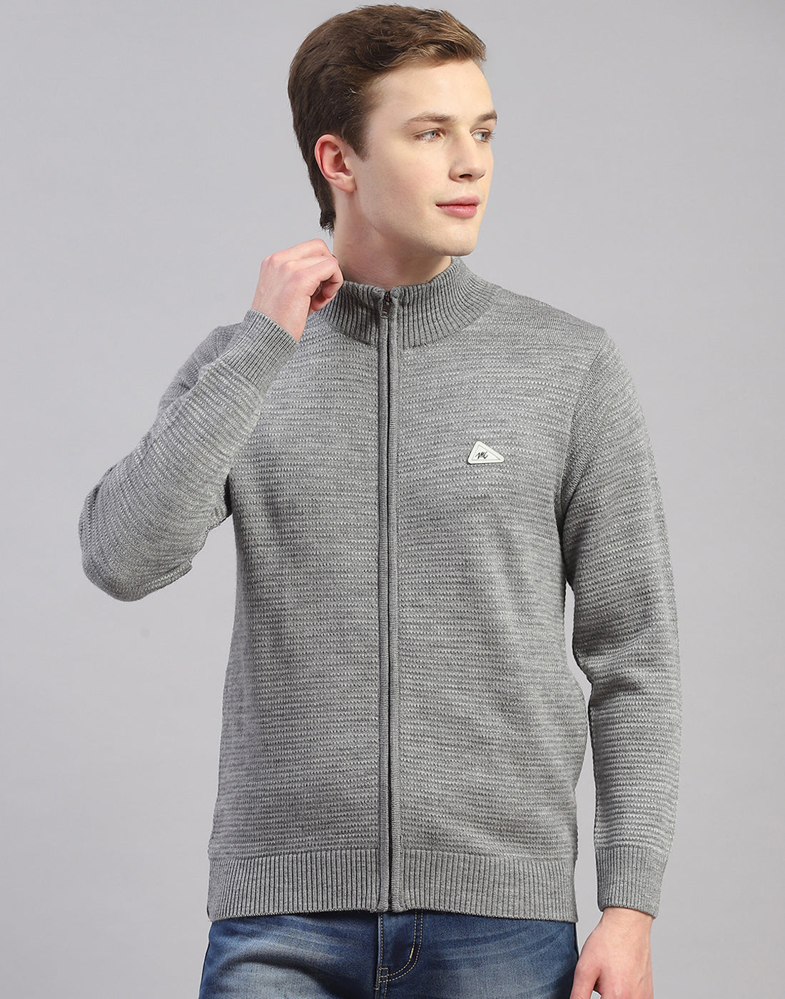 Men Grey Melange Solid H Neck Full Sleeve Pullover