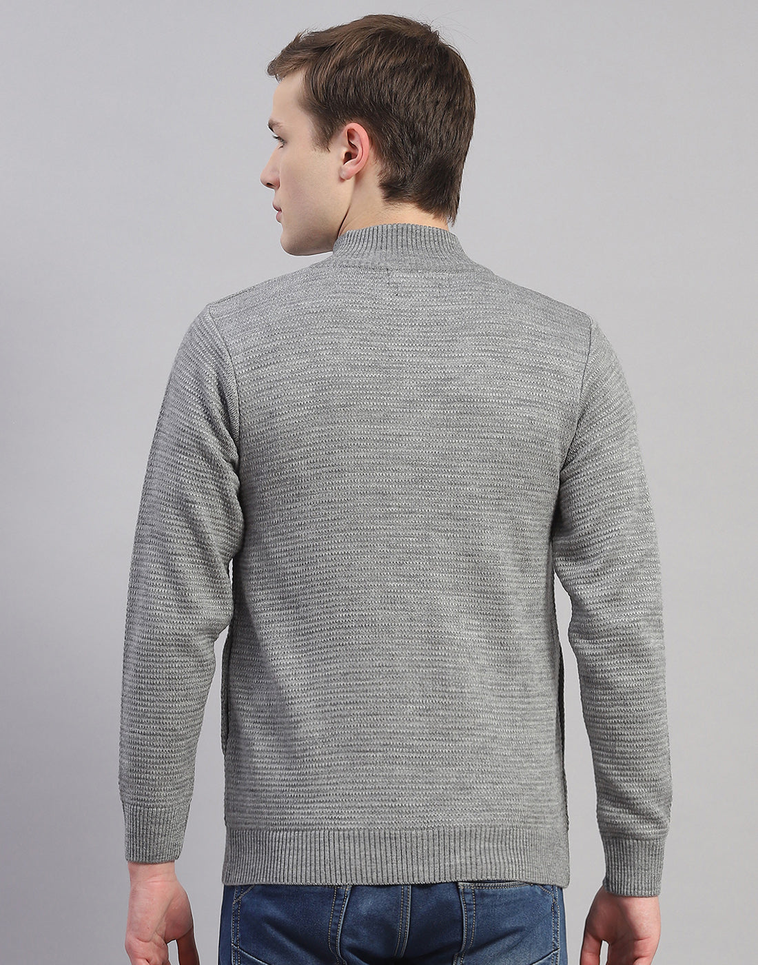 Men Grey Melange Solid H Neck Full Sleeve Pullover