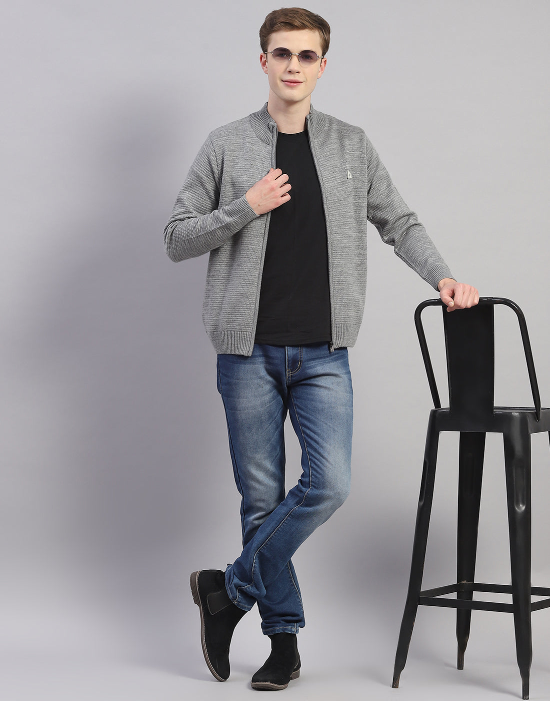 Men Grey Melange Solid H Neck Full Sleeve Pullover