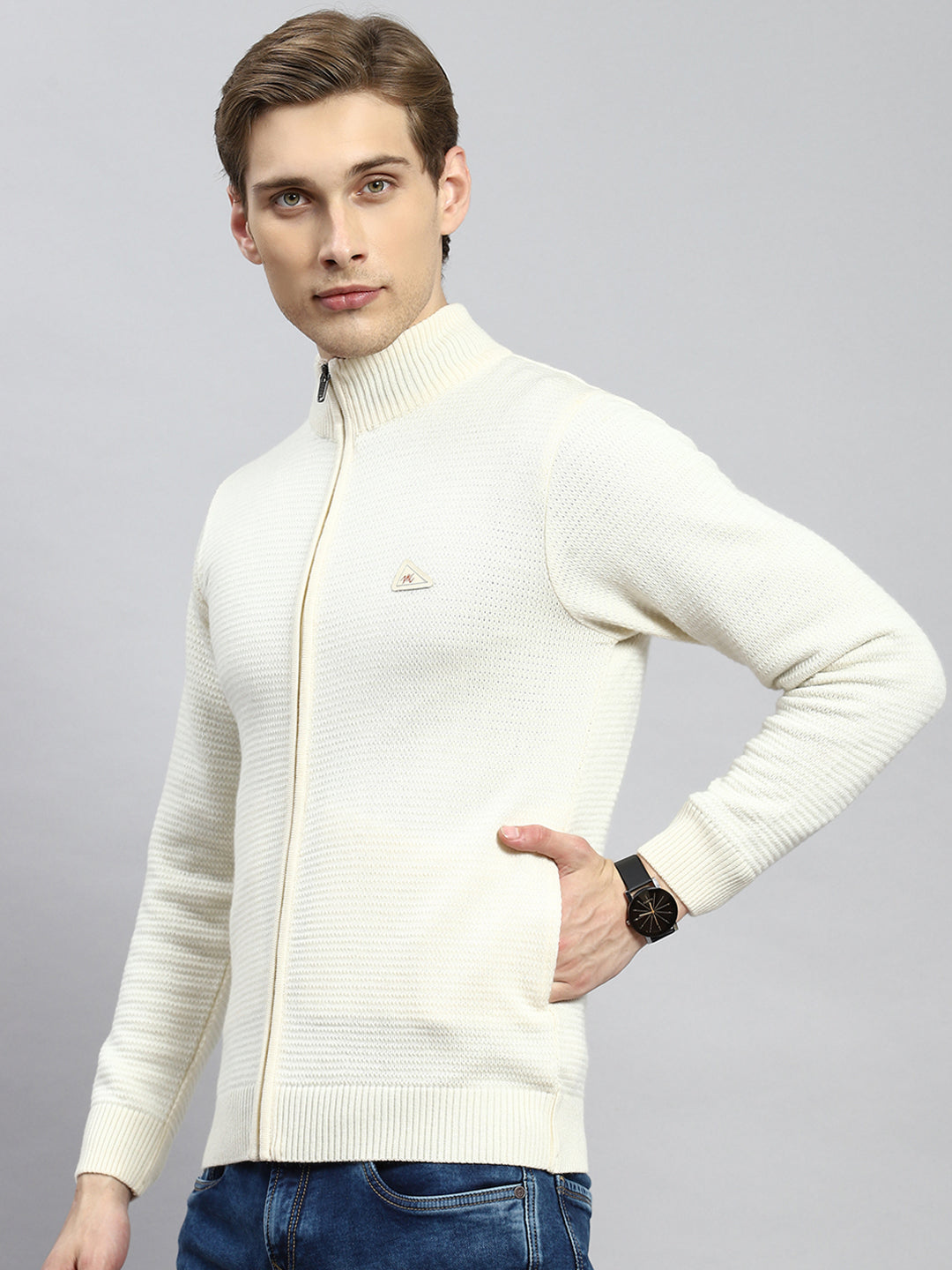Men Cream Solid Pullover