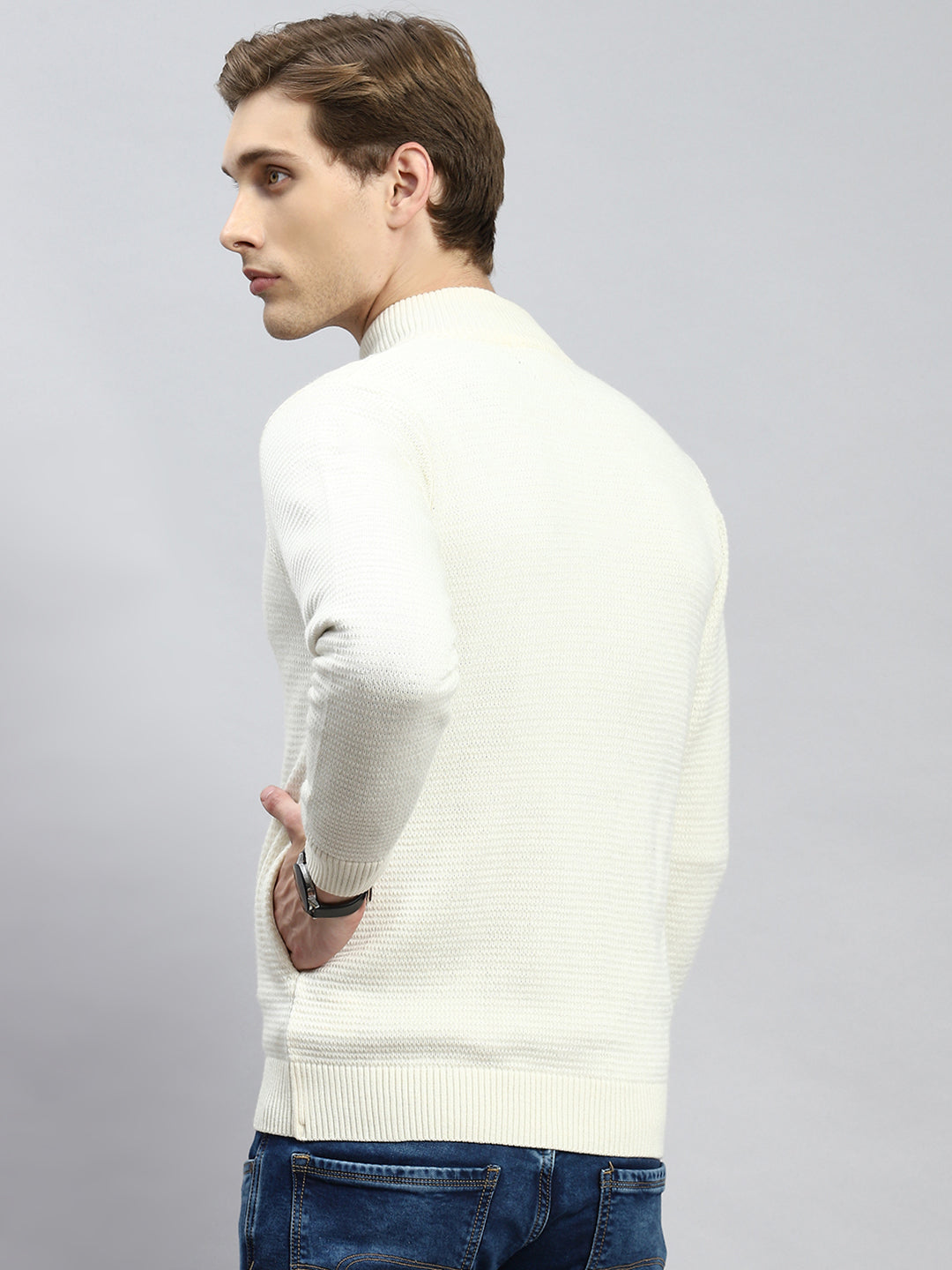 Men Cream Solid Pullover