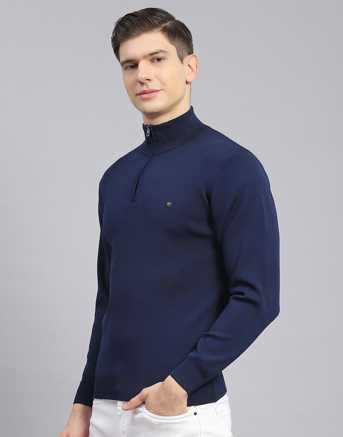 Men Navy Blue Solid H Neck Full Sleeve Sweater