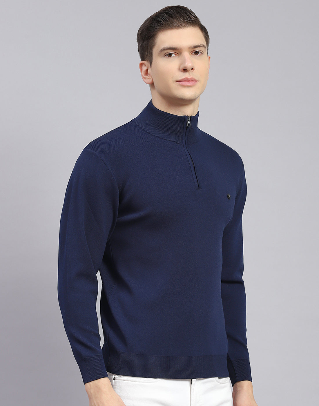 Men Navy Blue Solid H Neck Full Sleeve Sweater