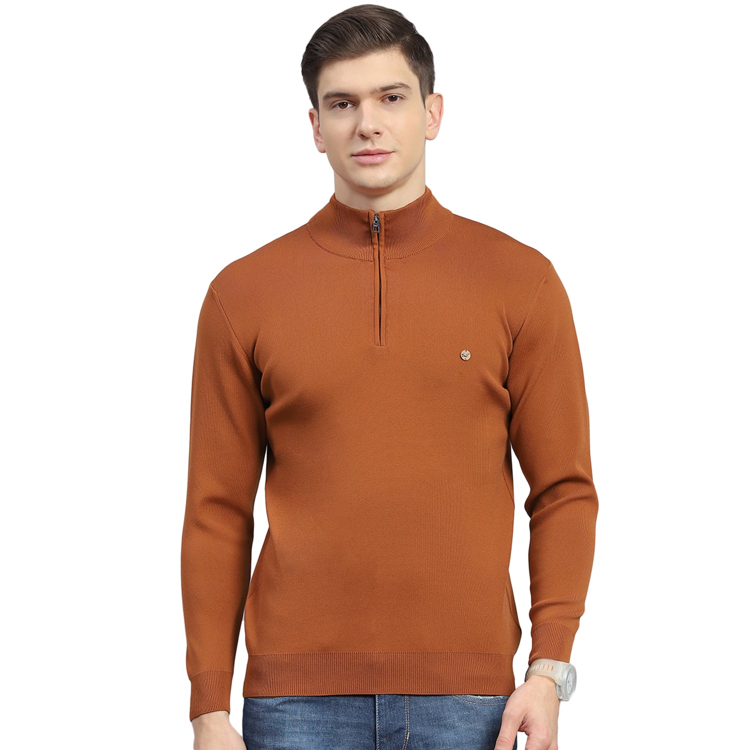 Men Rust Solid H Neck Full Sleeve Sweater
