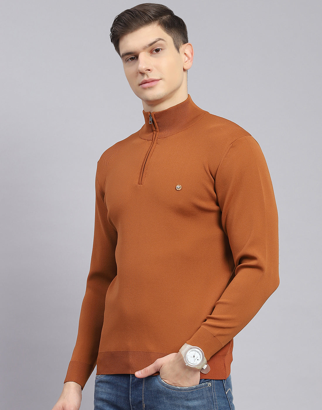 Men Rust Solid H Neck Full Sleeve Sweater