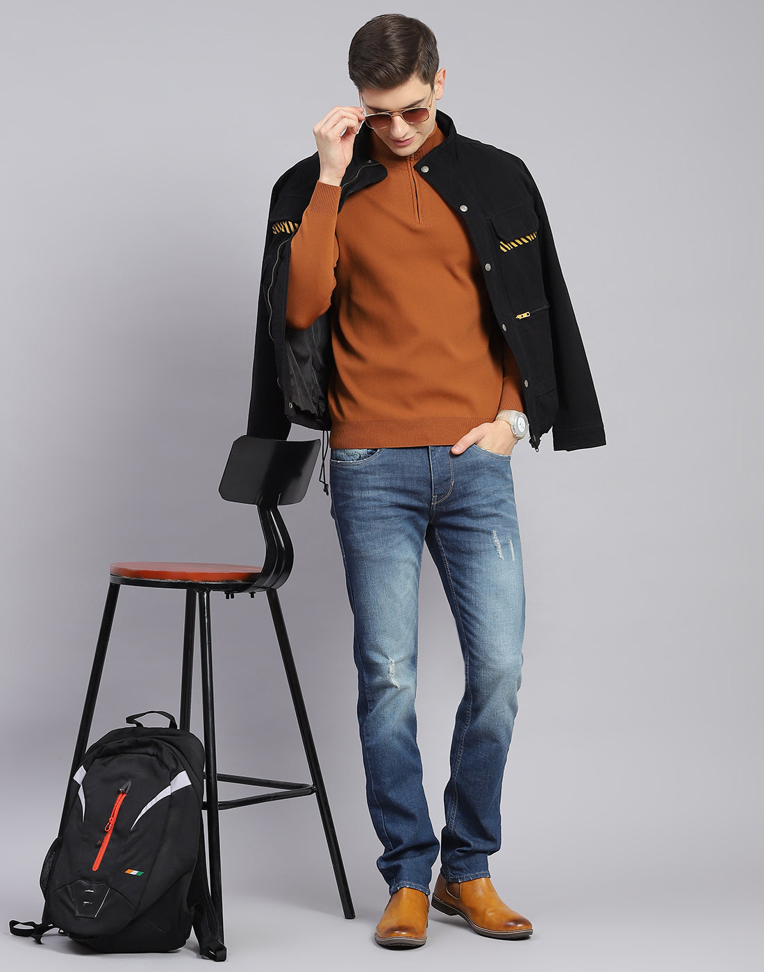 Men Rust Solid H Neck Full Sleeve Sweater