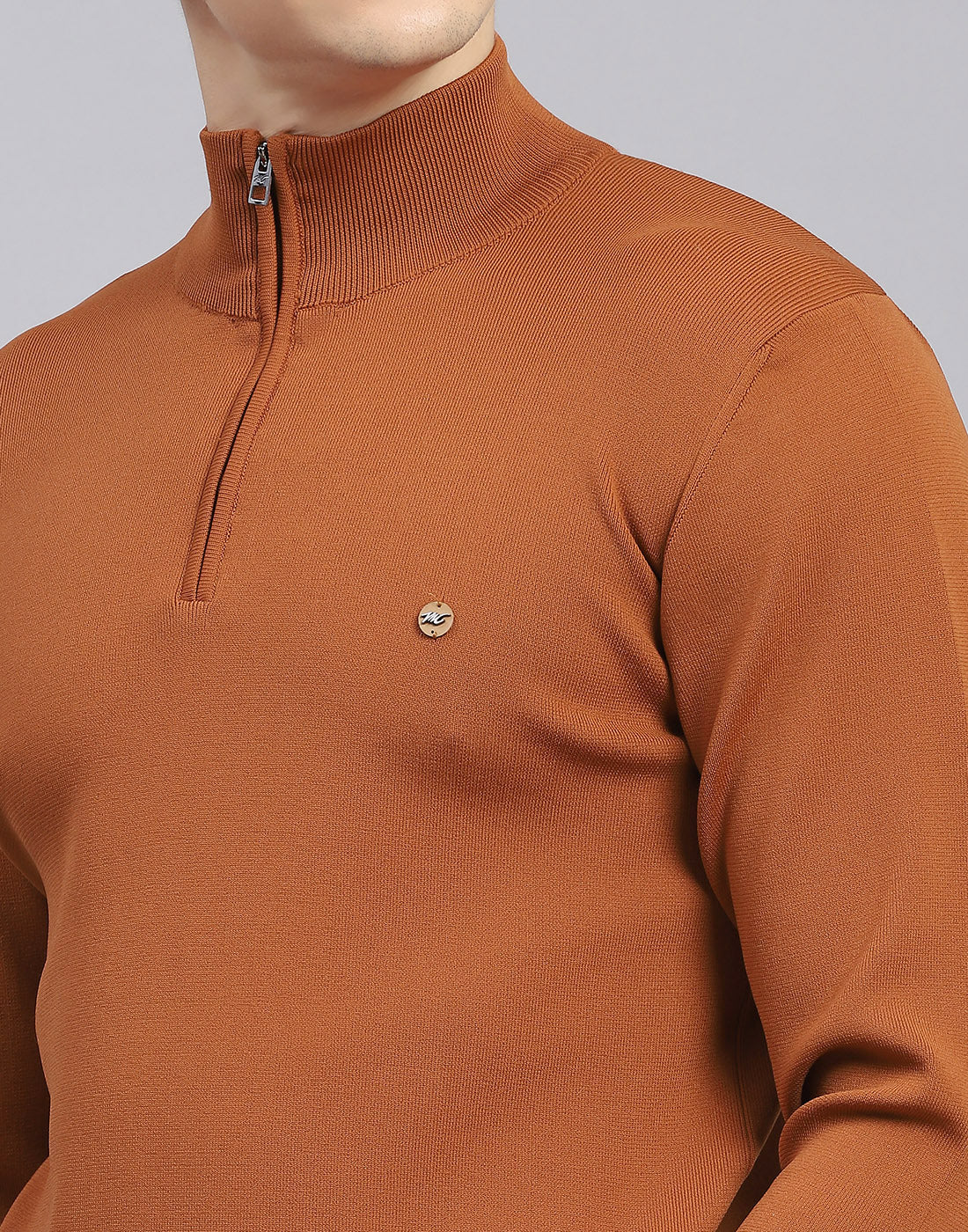 Men Rust Solid H Neck Full Sleeve Sweater