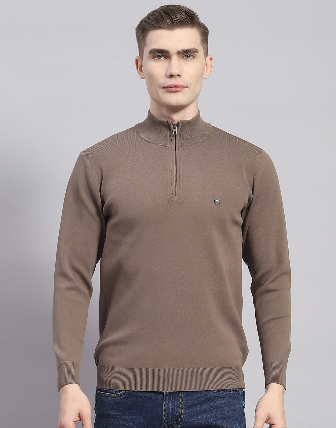 Men Brown Solid H Neck Full Sleeve Pullover