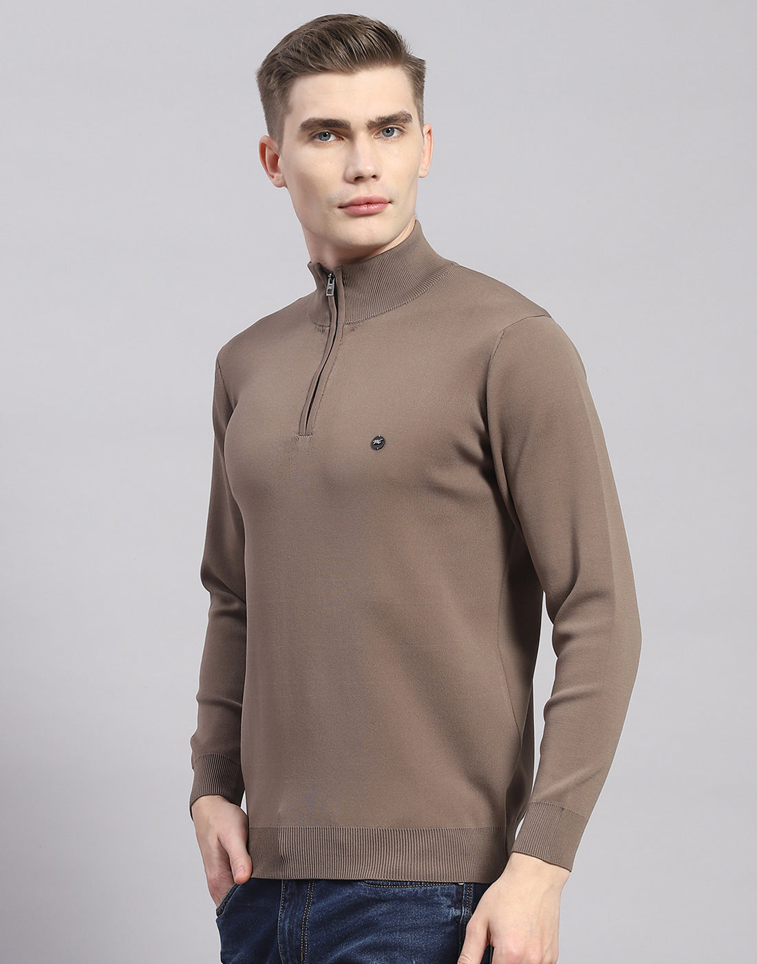 Men Brown Solid H Neck Full Sleeve Pullover