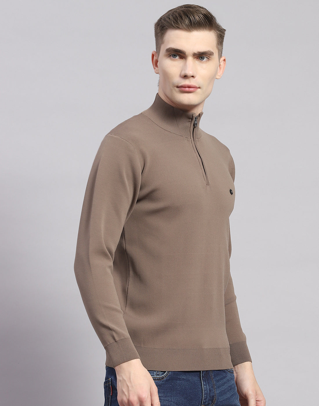 Men Brown Solid H Neck Full Sleeve Pullover