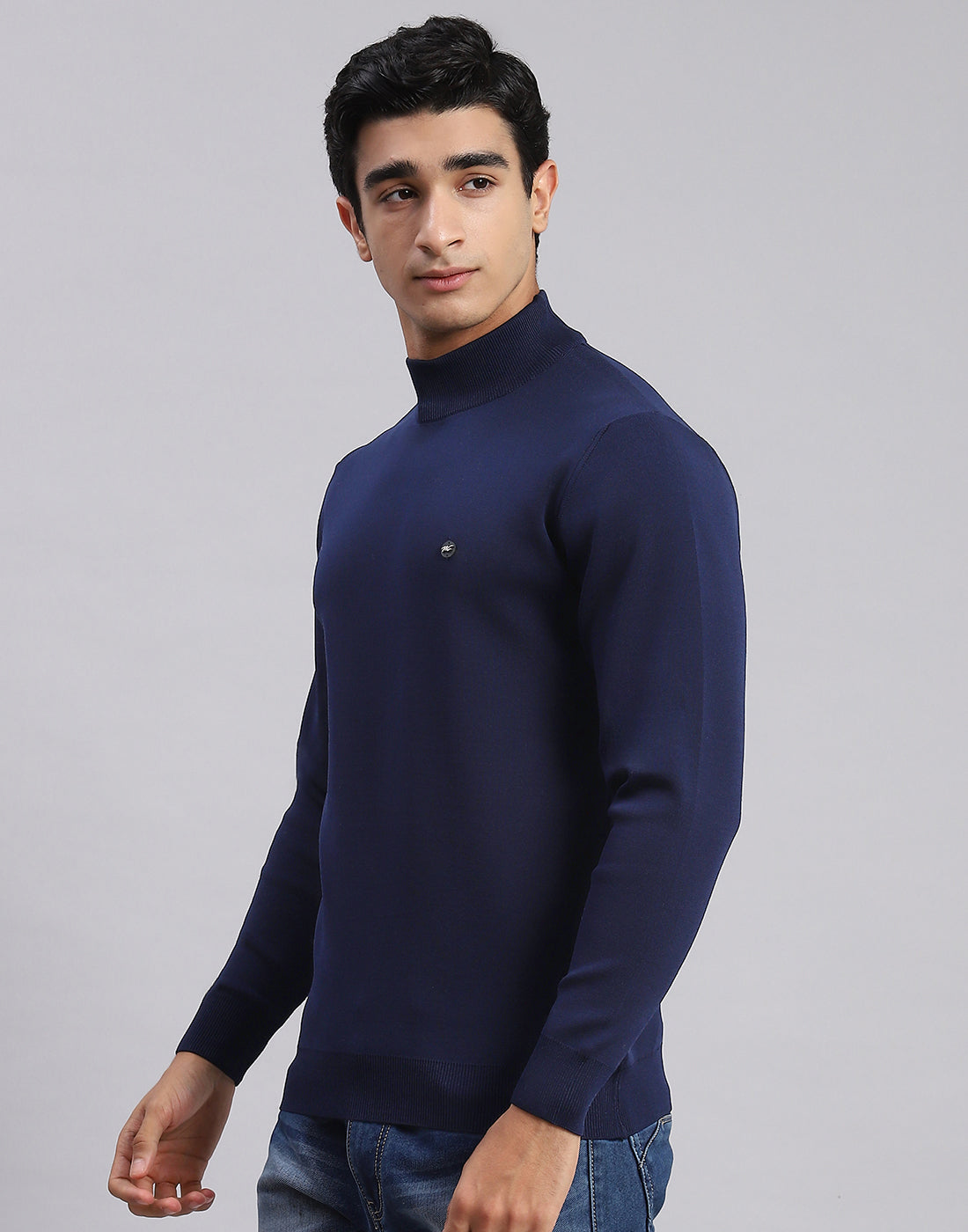 Men Navy Blue Solid T Neck Full Sleeve Sweaters/Pullovers