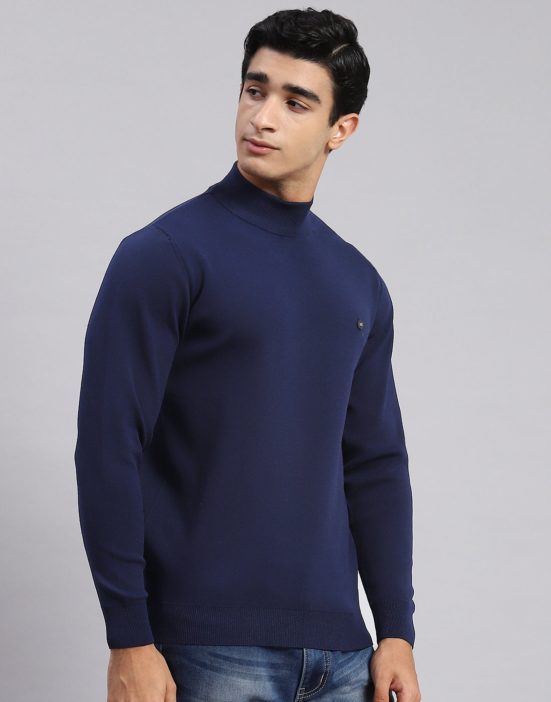 Men Navy Blue Solid T Neck Full Sleeve Sweaters/Pullovers