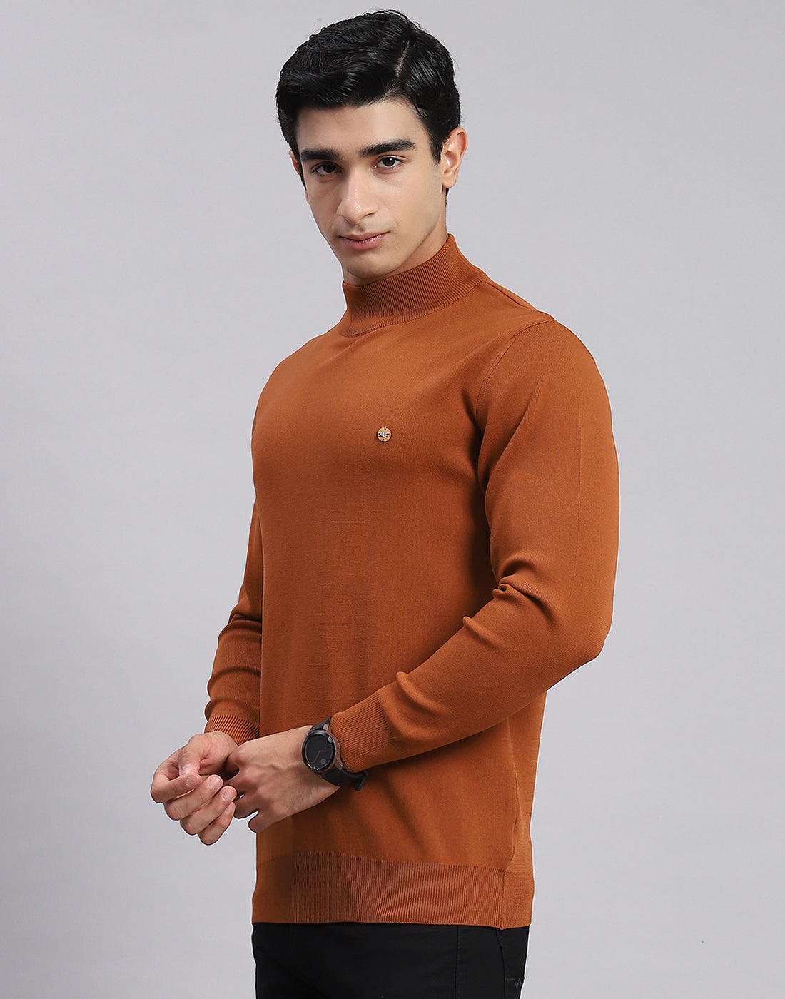 Men Rust Solid T Neck Full Sleeve Sweaters/Pullovers