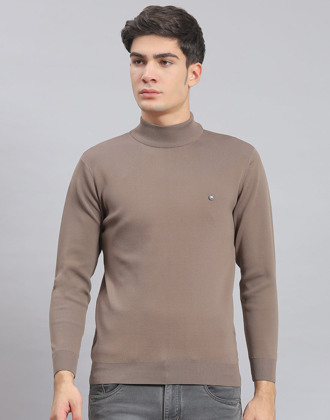 Men Brown Solid T Neck Full Sleeve Sweater