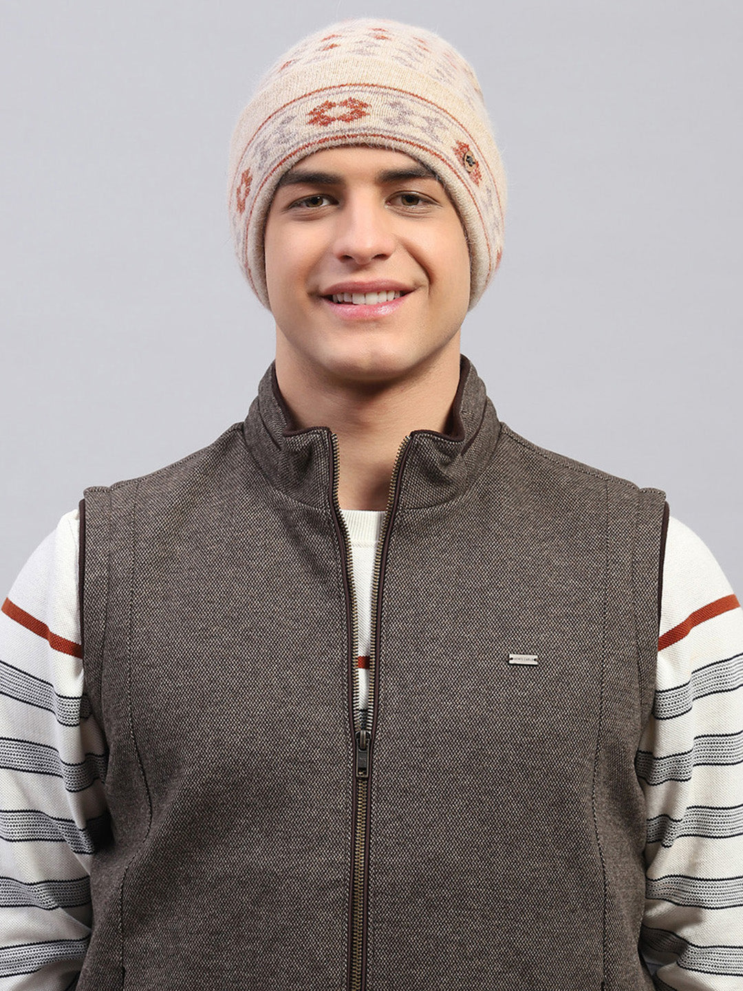 Men Camel Brown Self Design Cap