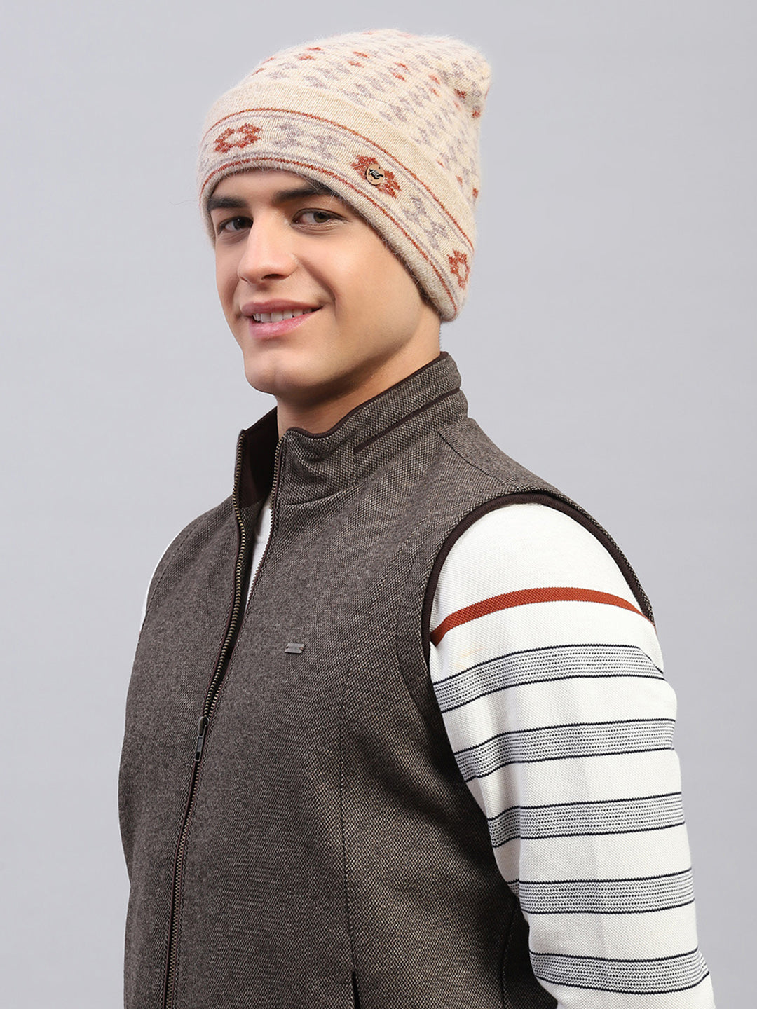 Men Camel Brown Self Design Cap