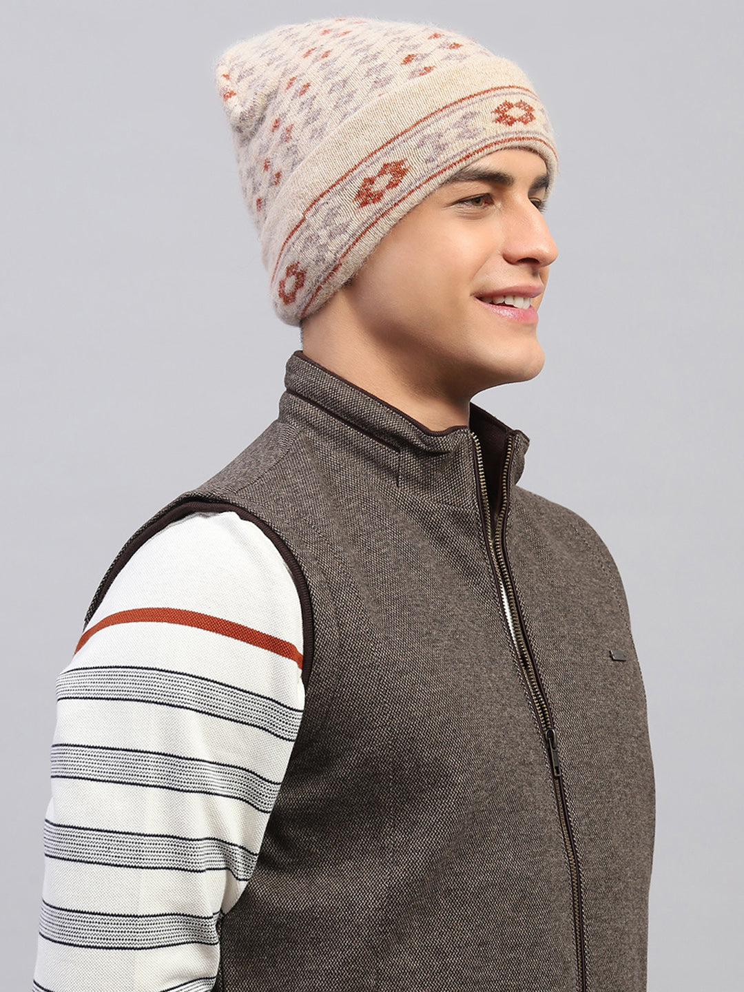 Men Camel Brown Self Design Cap