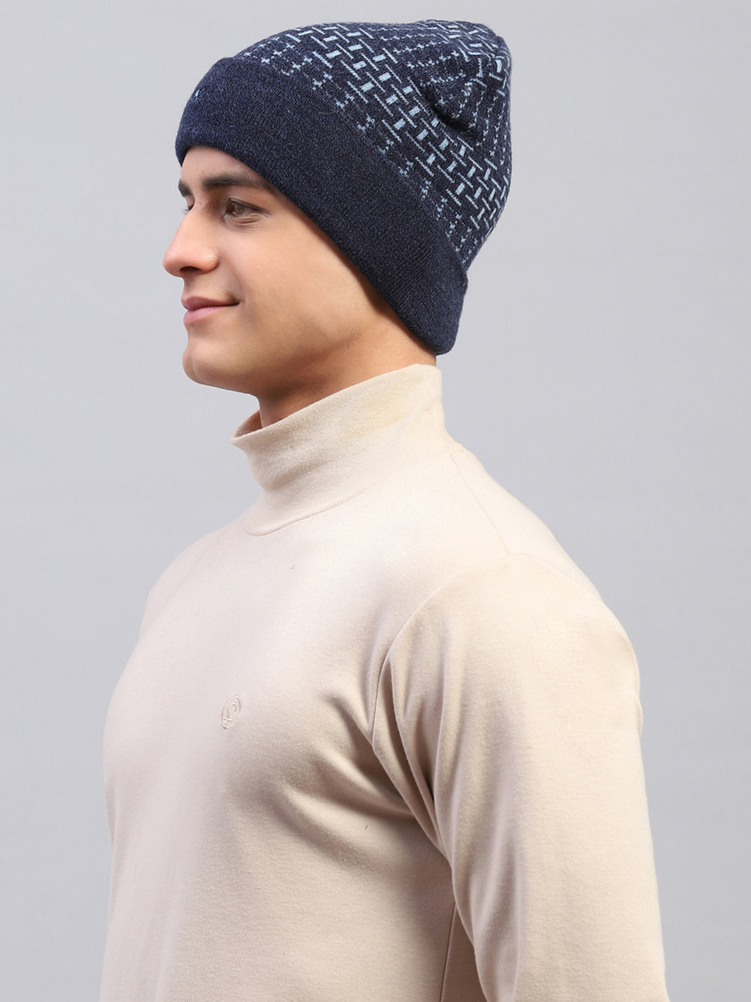 Men Navy Blue Self Design Cap