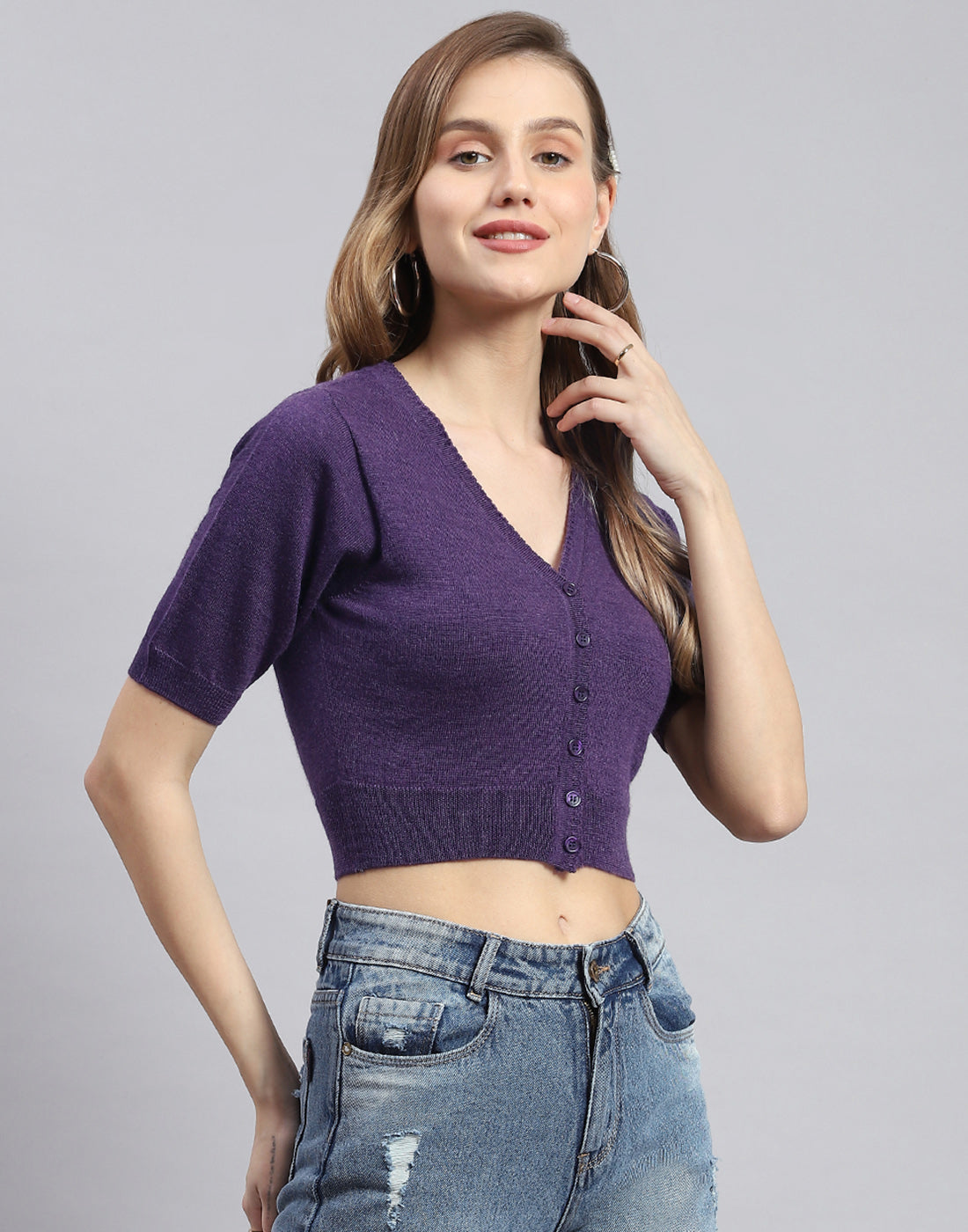 Women Purple Solid V Neck Half Sleeve Sweater