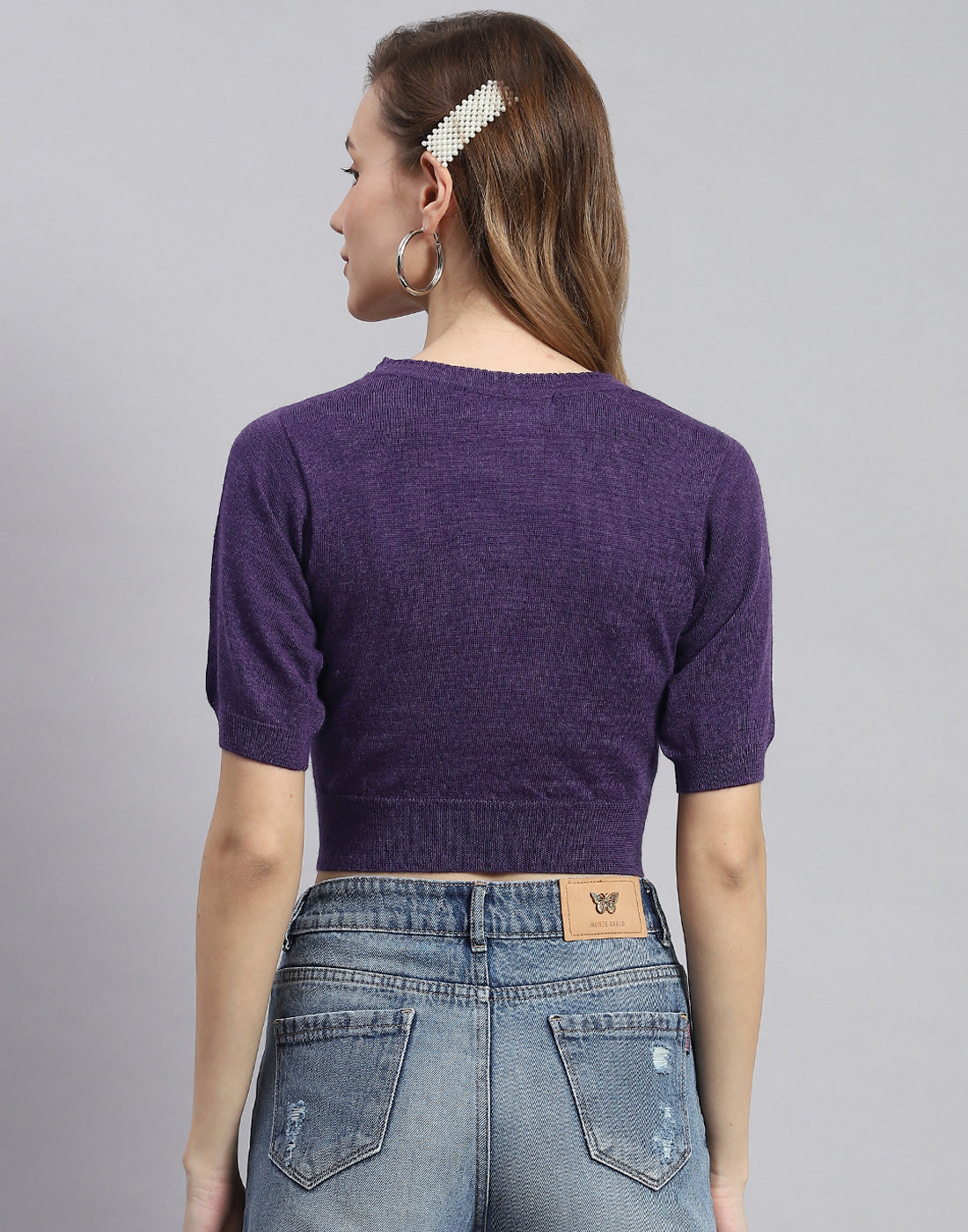 Women Purple Solid V Neck Half Sleeve Sweater